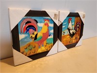 NEW 2 Rooster Framed Tiles 7 1/2inWx7 1/2inH
