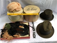 5 Hat Boxes w/Hats & Box of Feathers
