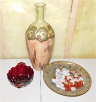 Decorative Bowl with Glass Pieces, Red Dish &