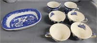 Antique Blue Willow rectangle bowl - 6 teacups
