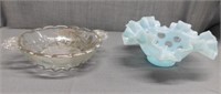 Light blue opalescent ruffled glass bowl, 7" diam-