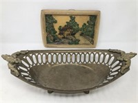Footed Brass Centerpiece Bowl with Wall Plaque