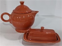Vintage Coral Fiestaware Tea Pot and Butter Dish
