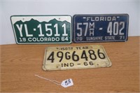 3 Vintage License Plates IND, Colo, Flordia