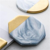 4 Gold Round Hexagon Marbled Ceramic Coasters