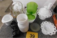 Assorted milk glass - green satin compote - clear