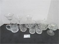 11 MISC. GLASS CUPS / PITCHER / CANDLE HOLDERS