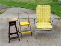 Vintage Yellow Lawn Chair, Step Stool, Stool
