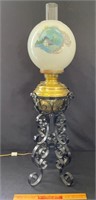 PRETTY WROUGHT IRON BANQUET LAMP W GLASS SHADE