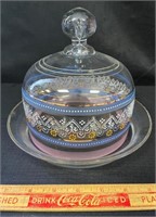 PRETTY COVERED GLASS CHEESE DISH - HAND PAINTED