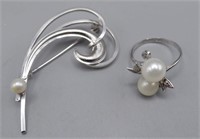 Sterling Silver & Pearls Ring & Signed Brooch