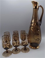 Italian Murano Amber 22k Gold Pitcher Cordials Set