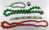 Vintage Jade & French Red Bead Necklace Jewelry