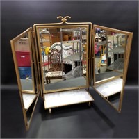 Tri Fold Gold Tone Dresser Mirror 21" Tall 12"