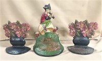 Cast Iron Pied Piper Doorstop, 2 Floral Bookends