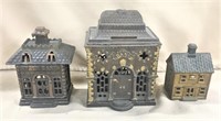 (3) Cast Iron Building Banks, 2 w/ new posts