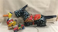 (3) Tin Litho Toys Chein Duck, Motorcycle, Dog