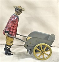 Girard Man w/ Cart, Tin Litho, 6"L, Working