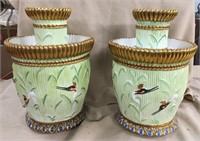 Pr. French Porcelain Cache Pots w/ Birds, 10 1/4"H