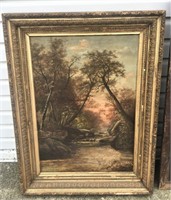 19thC Oil on Canvas Woodland Stream Signed
