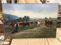 Farm Scene Painting with Cows, Fred Hart 93