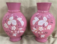 Pr. Victorian Pink Overlay & Enamel Pillow Vases