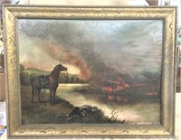 Oil Painting Soldier & Indians w Fire