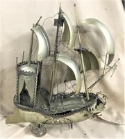 19thC Sailing Ship on Wheels, Silver Plate
