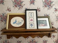Wood Wall Shelf with Veggie & Bird Pictures