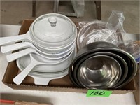 CORNING CASSEROLE DISHES & STAINLESS BOWLS