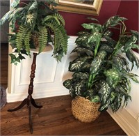 Two Faux Plants, Marble Plant Stand