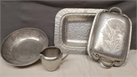 Hammered Aluminum covered tray, bowl, creamer