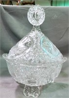 Crystal covered candy dish, bird etchings