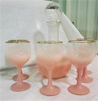 Decanter & Goblet set, frosted pink to clear