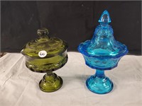 Covered Candy dishes, green & blue glass (2)