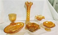 Marigold Carnival glass bowls, vase, compotes