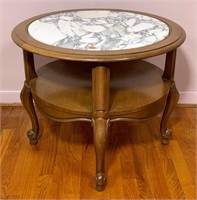 2 level end table, white marble inset on top,