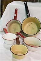 Enamel Ware pans, red & white, yellow & brown
