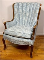 Maple barrel back chair, carved leg, blue flower