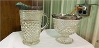 Pressed glass, silver trimmed pitcher &compote