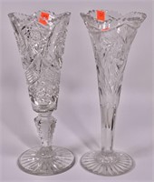 2 cut glass vases - 5" base x 12" tall and 4.25"