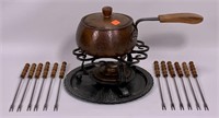 Copper fondue set, hammered, white metal stand,