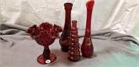 Red glass vases & compote,