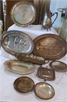 Silver plate & metal trays, coffee pot, bowls