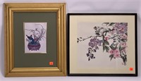 Water color, Oriental mark, pink flowers and bird,