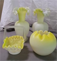 Blown glass basket & vases, yellow & white