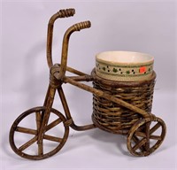 Rattan tricycle planter, 17" long and tall