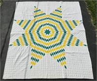 Patchwork quilt, big star pattern, yellow & green