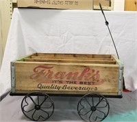 Wood Frank's Beverage crate on metal wheel cart