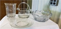 Etched glass bowls, spooner, basket, vintage